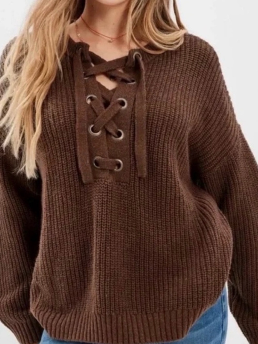 American Eagle Outfitters Brown Lace-Up V-Neck Knit Sweater